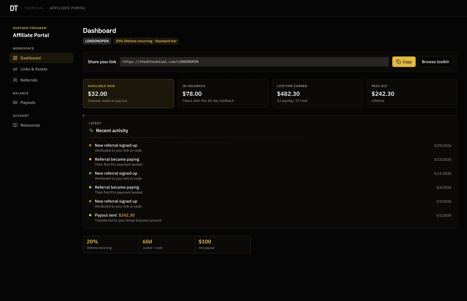 The affiliate portal dashboard: the referral link, cleared and held balances, and a feed of referrals and payouts.