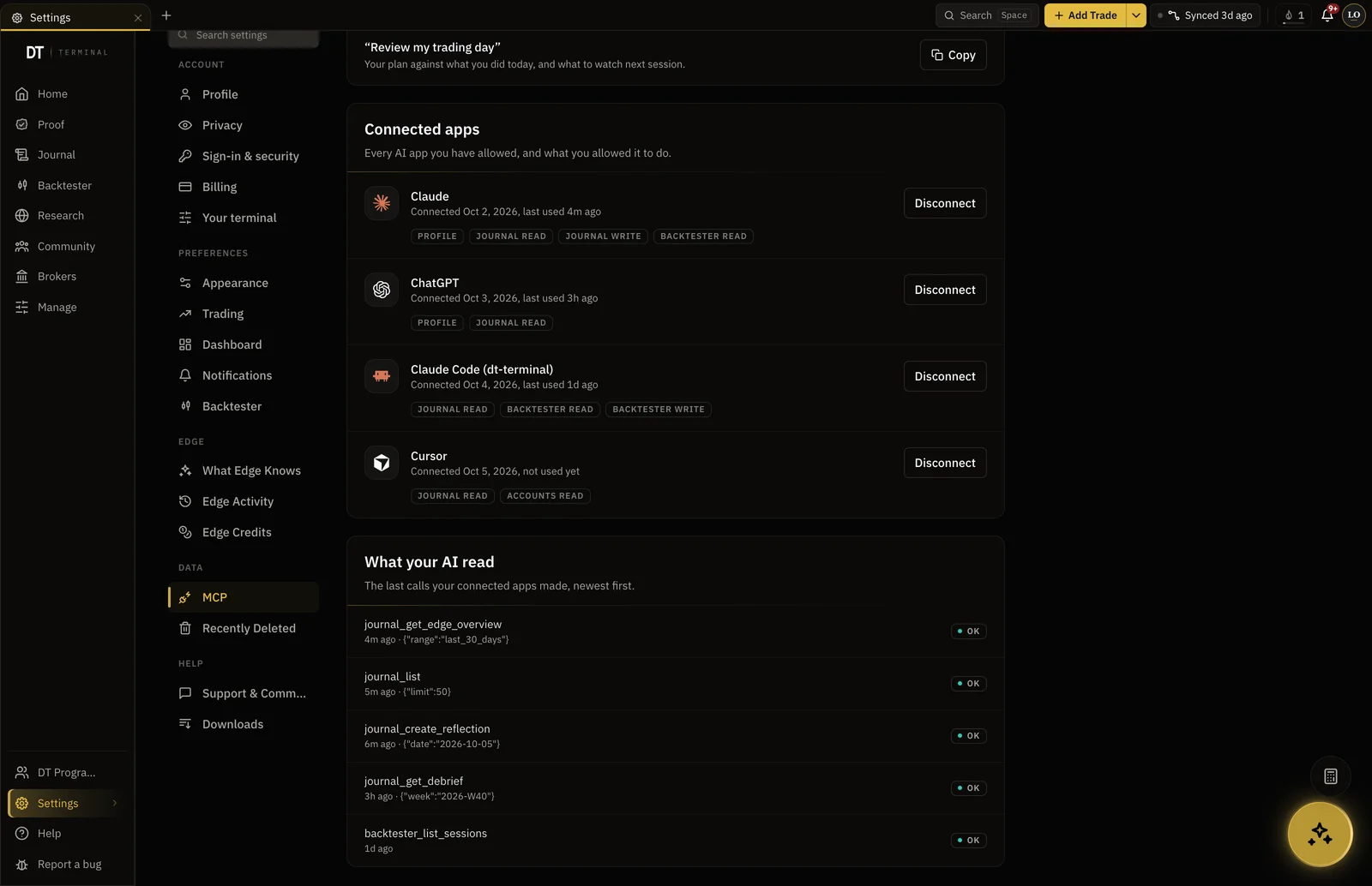 Connected apps in DT Terminal: Claude, ChatGPT, Claude Code and Cursor with their permissions and a Disconnect button each, above the list of their recent calls.