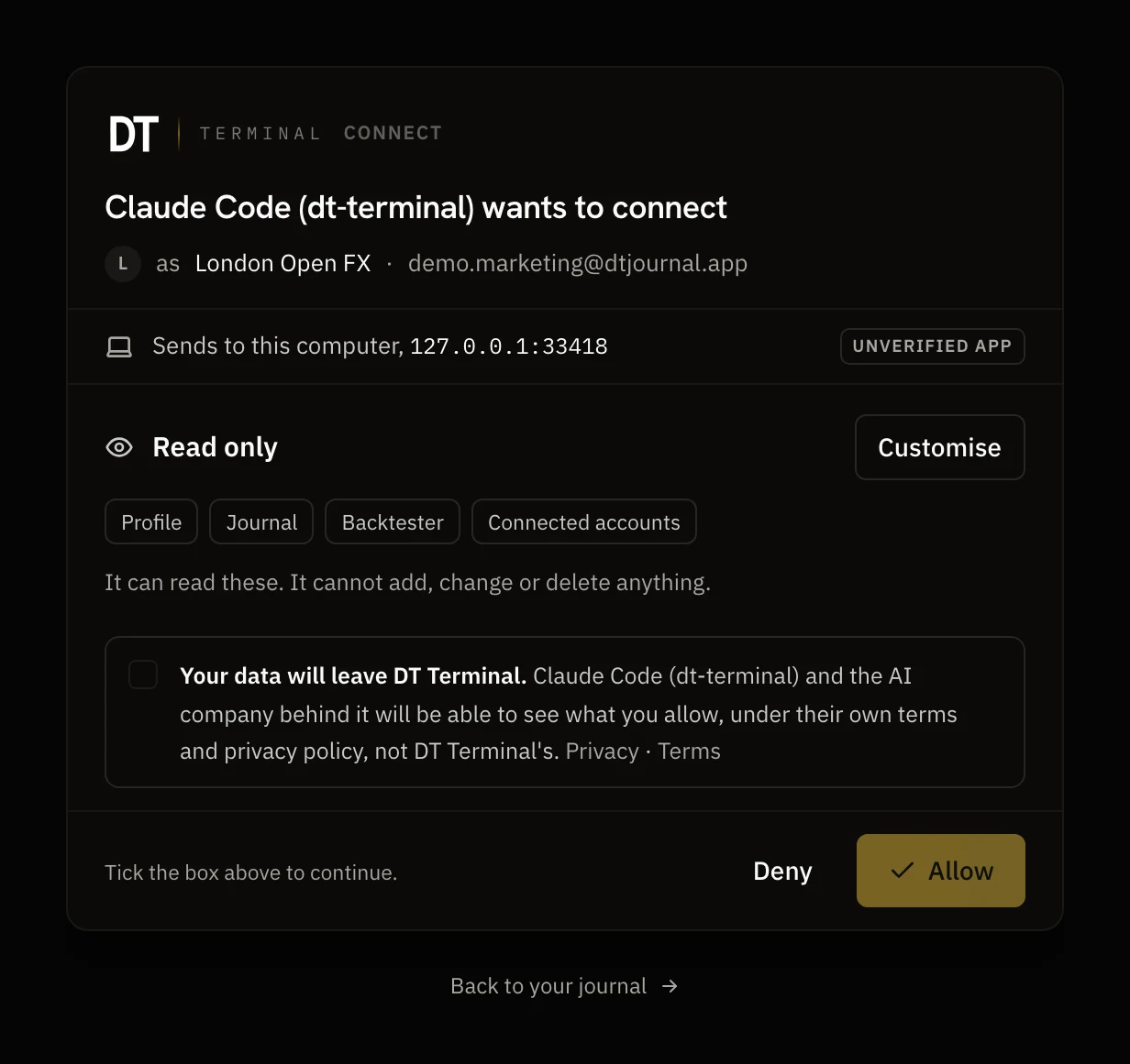 The DT Terminal permission screen for Claude Code: it sends to this computer at a local address, marked as an unverified app, read only by default.