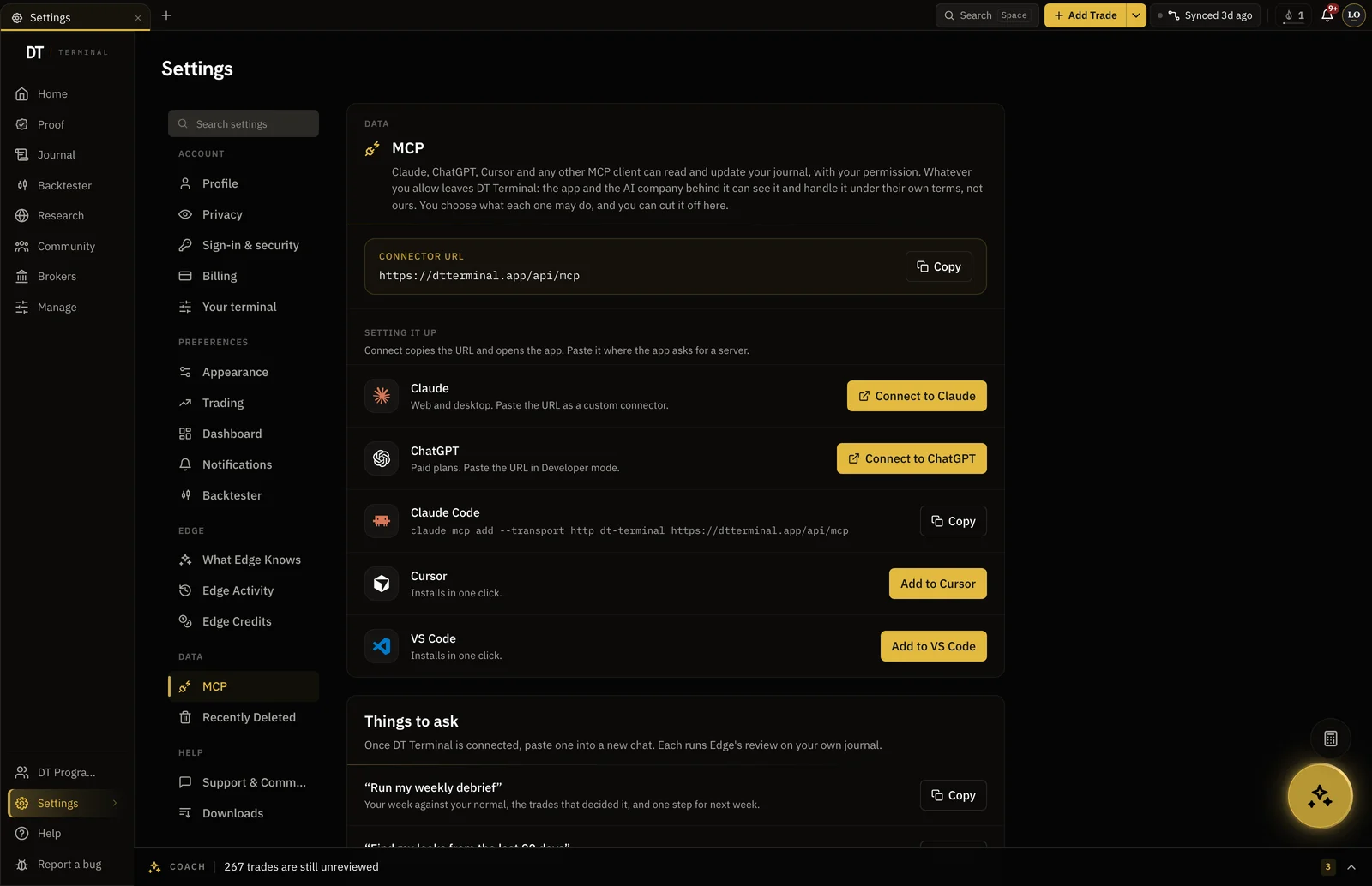 DT Terminal Settings, MCP: the connector URL with a Copy button, then Claude, ChatGPT, Claude Code, Cursor and VS Code, each with its logo and a connect button.