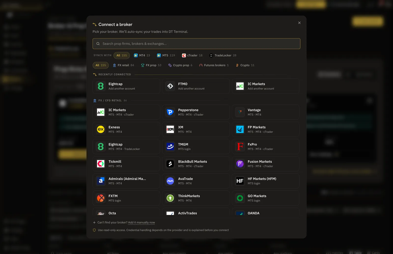 The DT Terminal Connect a broker picker: a search box, filters for MT4, MT5, cTrader and TradeLocker, and broker and prop firm tiles.