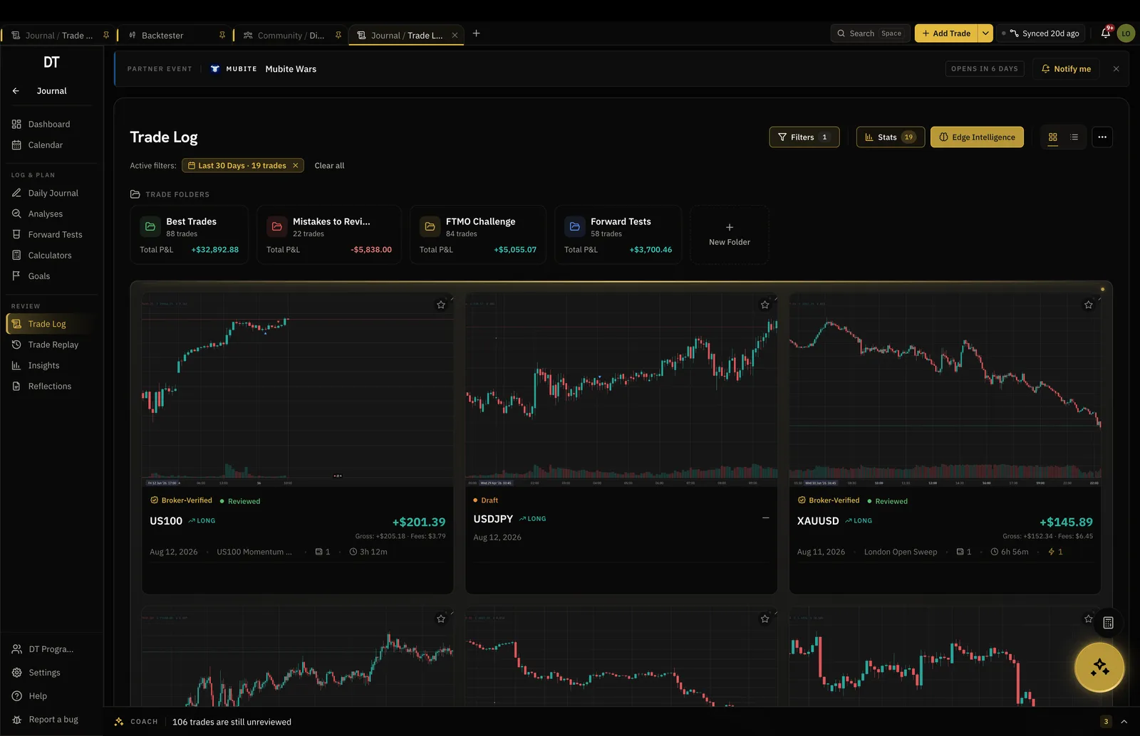 The Trade Log holding backtested crypto trades beside synced fills.